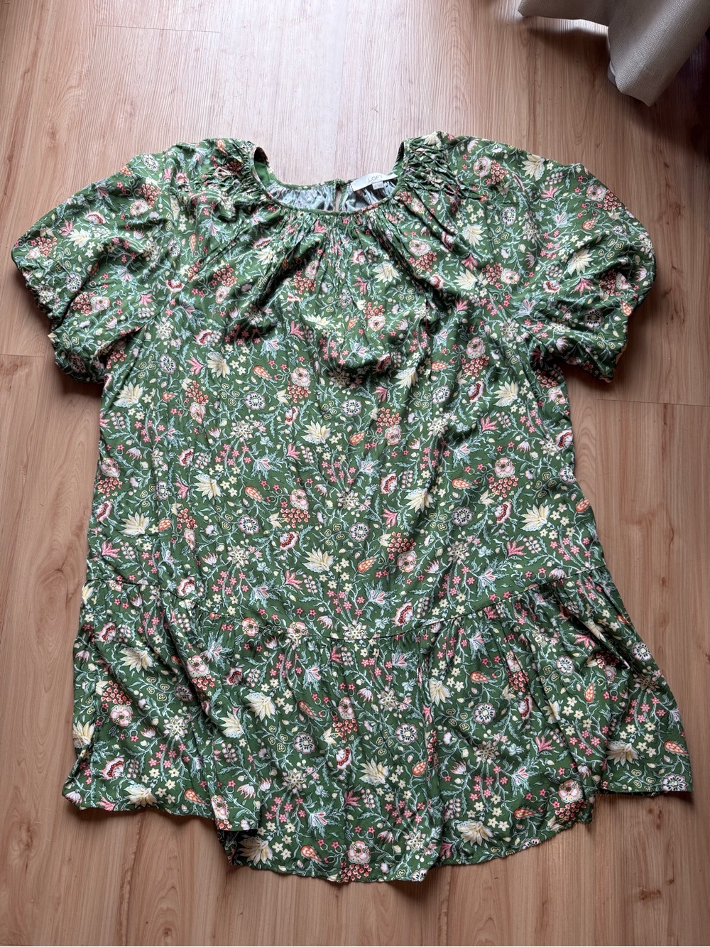 LOFT XL Olive Green Multicolor Floral Puff Sleeve Ruffle Hem Dress